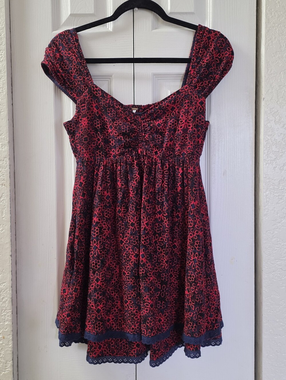 FREE PEOPLE Tabitha Red & Navy Floral Print Babydoll Cap Sleeve Layered Mini S/P